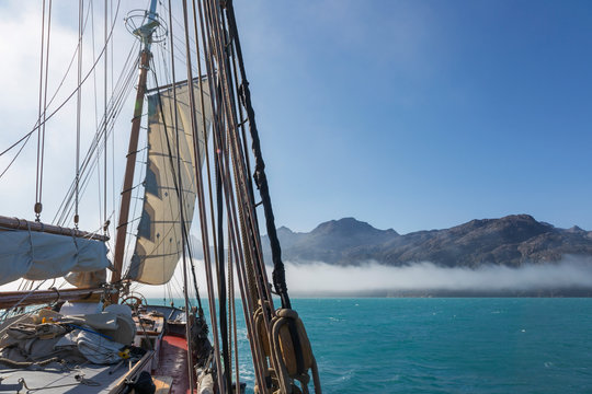 Sailboat on sunny Atlantic Ocean Greenland