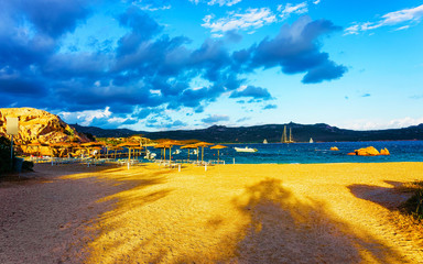 Landscape with Romantic morning at Capriccioli Beach in of the Mediterranean sea on Sardinia island...