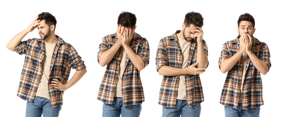 Fototapeta premium Collage with worried young man on white background