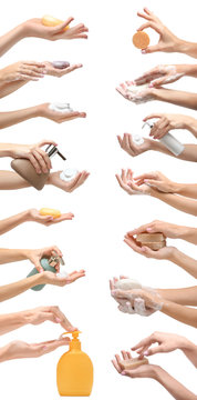 Many female hands with different soap on white background