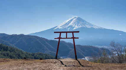 Afwasbaar fotobehang View of Torii gate of Asama Shrine with Mount Fuji in background © orpheus26