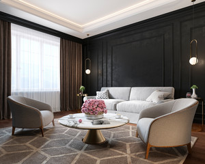 Classic black interior with armchairs, sofa, coffee table, lamps, flowers and wall moldings. 3d render illustration mockup.