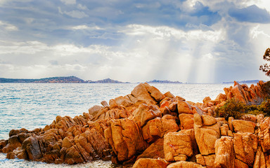 Landscape with Romantic morning at Capriccioli Beach in of the Mediterranean sea on Sardinia island...