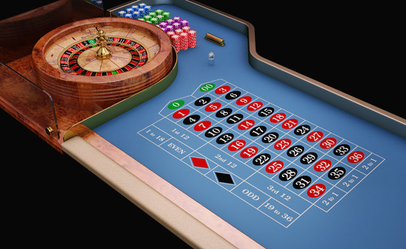 Roulette table and wheel, illustration