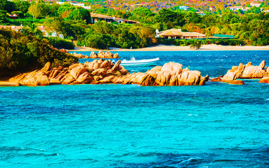 Landscape with Romantic morning at Capriccioli Beach in of the Mediterranean sea on Sardinia island...