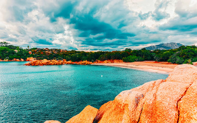 Landscape with Romantic morning at Capriccioli Beach in of the Mediterranean sea on Sardinia island...