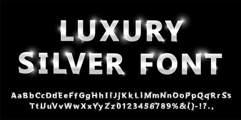 Shiny modern silver font isolated on black background. Vintage platinum numbers and letters with shadows. Detailed 3d alphabet. Typography metal steel bold mockup. Anniversary letters. Vector
