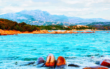 Landscape with Romantic morning at Capriccioli Beach in of the Mediterranean sea on Sardinia island...