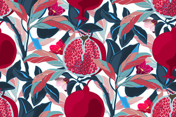 Art floral vector seamless pattern. Pomegranate tree with maroon fruits, blue and pink leaves. Ripe pomegranates with grains and flowers isolated on a white background.