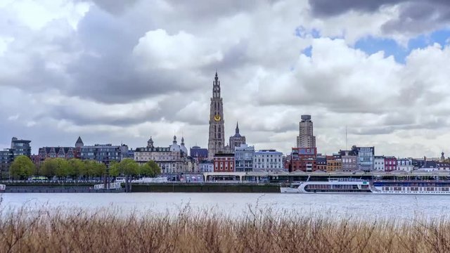 Timelapse of Antwerp Belgium Cityscape Skyline from Across the Harbour