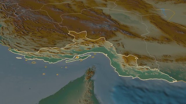 Hormozgan, province with its capital, zoomed and extruded on the relief map of Iran in the conformal Stereographic projection. Animation 3D