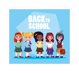 student girls with back to school label, back to school