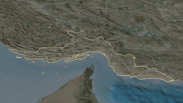 Hormozgan, province with its capital, zoomed and extruded on the satellite map of Iran in the conformal Stereographic projection. Animation 3D