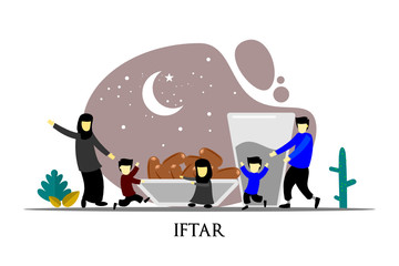 happy ramadan mubarak greeting illustration with cartoon character for poster, web landing page template, banner, presentation, social, and print media. islamic eid fitr or adha flat design vector.