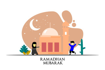 happy ramadan mubarak greeting illustration with cartoon character for poster, web landing page template, banner, presentation, social, and print media. islamic eid fitr or adha flat design vector.