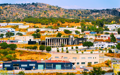 Cityscape with Buggerru city with cottage house architecture at the Mediterranean Sea in South...