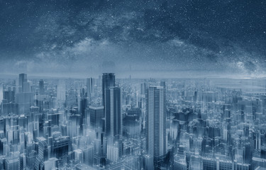 Futuristic city background, blue city at night with starry sky