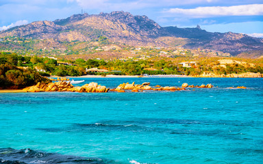 Landscape with Romantic morning at Capriccioli Beach in of the Mediterranean sea on Sardinia island...