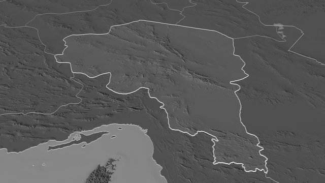 Kerman, province with its capital, zoomed and extruded on the bilevel map of Iran in the conformal Stereographic projection. Animation 3D