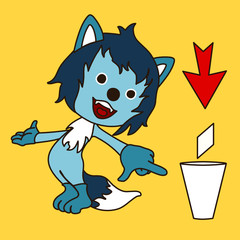 Emoticon with a cool wolf with blue wool that points with an index finger to the urn where it is necessary to throw garbage, vector emoji