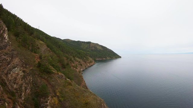 Aerial view of lake Baikal shore. 4K
