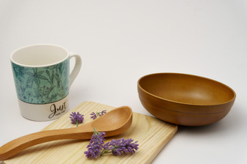 Empty wooden bowl, fork, spoon, cutting board, top view, background, template, food display montage, free space for text