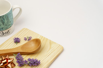 Empty spoon, cutting board, glass, top view, background, template, food display montage, free space for text