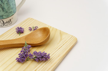 Empty spoon, cutting board, glass, top view, background, template, food display montage, free space for text