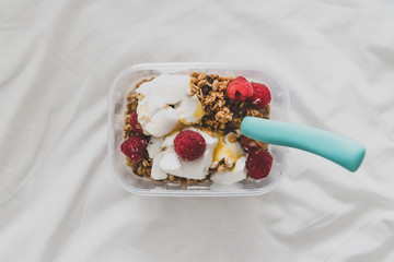healthy breakfast options on the go, berry granola and plant-based yoghurt
