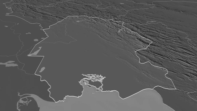 Khuzestan, province with its capital, zoomed and extruded on the bilevel map of Iran in the conformal Stereographic projection. Animation 3D