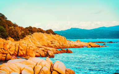 Landscape with Romantic morning at Capriccioli Beach in of the Mediterranean sea on Sardinia island...