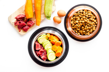 Pet feed ingredients. Raw meat and fresh vegetables near bowl with dry feed on white background top-down