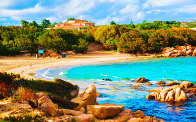 Landscape with Romantic morning at Capriccioli Beach in of the Mediterranean sea on Sardinia island...