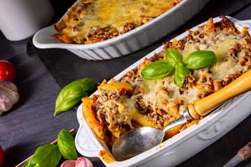 noodle , minced meat casserole with cheese