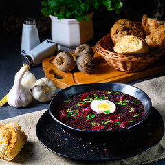 Delicious beetroot borscht with egg