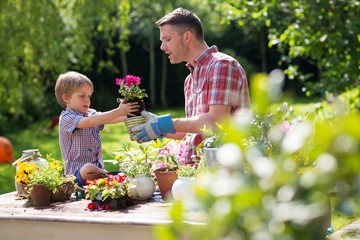 Father and son holding plant