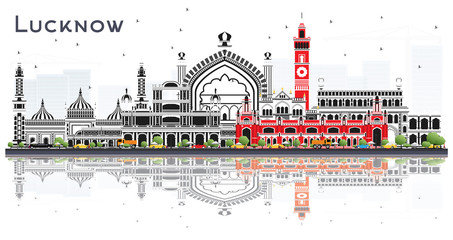 Obraz premium Lucknow India City Skyline with Gray Buildings and Reflections Isolated on White.