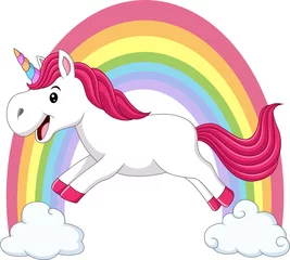Tuinposter Cute magical unicorn walking on the clouds and rainbow © tigatelu