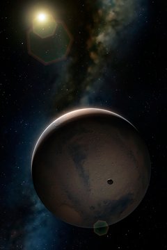 Artwork of Mars and its moon Phobos