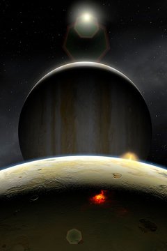 Artwork of Volcanic Io and Jupiter