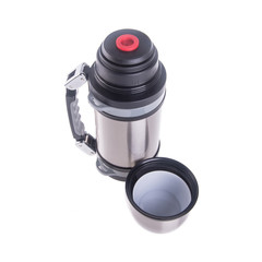 Thermo or Thermo flask from stainless steel on background new.