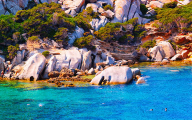 Landscape with Rocky coast of Capo Testa in Santa Teresa Gallura at the Mediterranean Sea on Sardinia Island in Summer Italy. Scenery of Cagliari province. Mixed media.