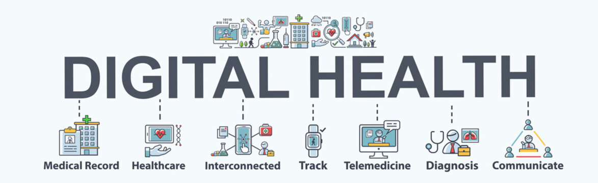 Digital Health banner web icon for Healthcare and Electronic Health, medical record, interconnected, telemedicine, pharmacy online, track, wearable and device sensor. Flat vector infographic.