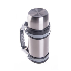 Thermo or Thermo flask from stainless steel on background new.