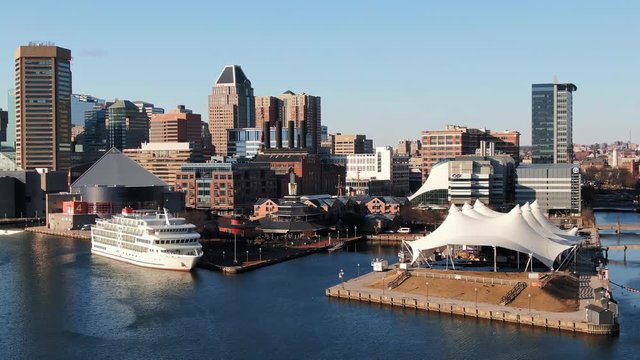 Panning aerial drone shot, Inner Harbor and the Baltimore City skyline with small cruise ship