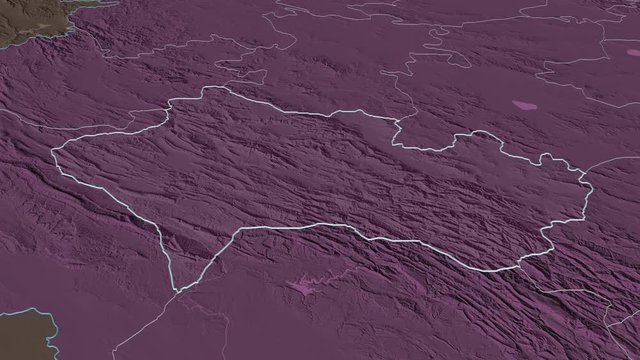 Lorestan, province with its capital, zoomed and extruded on the administrative map of Iran in the conformal Stereographic projection. Animation 3D