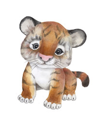 Watercolor illustration of cute little tiger. Isolated.
