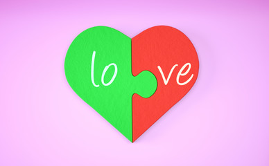 Green and red heart jigsaw puzzle  with love word on pink background