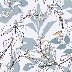 Seamless pattern with pink roses and blue leaves on light background. Tropical flowers, lily. Vector illustration with plants. Gentle pastel colors.