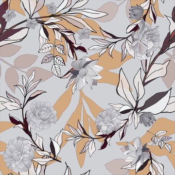 Seamless pattern with grey roses and leaves on light background. Tropical flowers, lily. Vector illustration with plants. Gentle pastel colors.